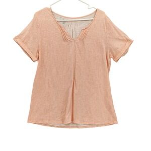 LL Bean Womens Pink White Leaf Organic Cotton VNeck Short Sleeve Shirt Top Large